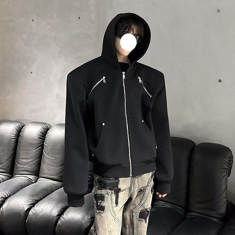 Maglione con cappuccio decostruito con cerniera in metallo di nicchia da uomo autunno e inverno Ruffian, giacca imbottita con spalle di alta qualità, giacca Tide_voghion.com