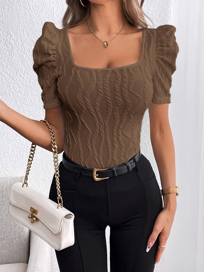 Women's Clothing Waist Top Casual Short Sleeve Textured Leg Of Lamb Sleeve T Shirt_voghion.com
