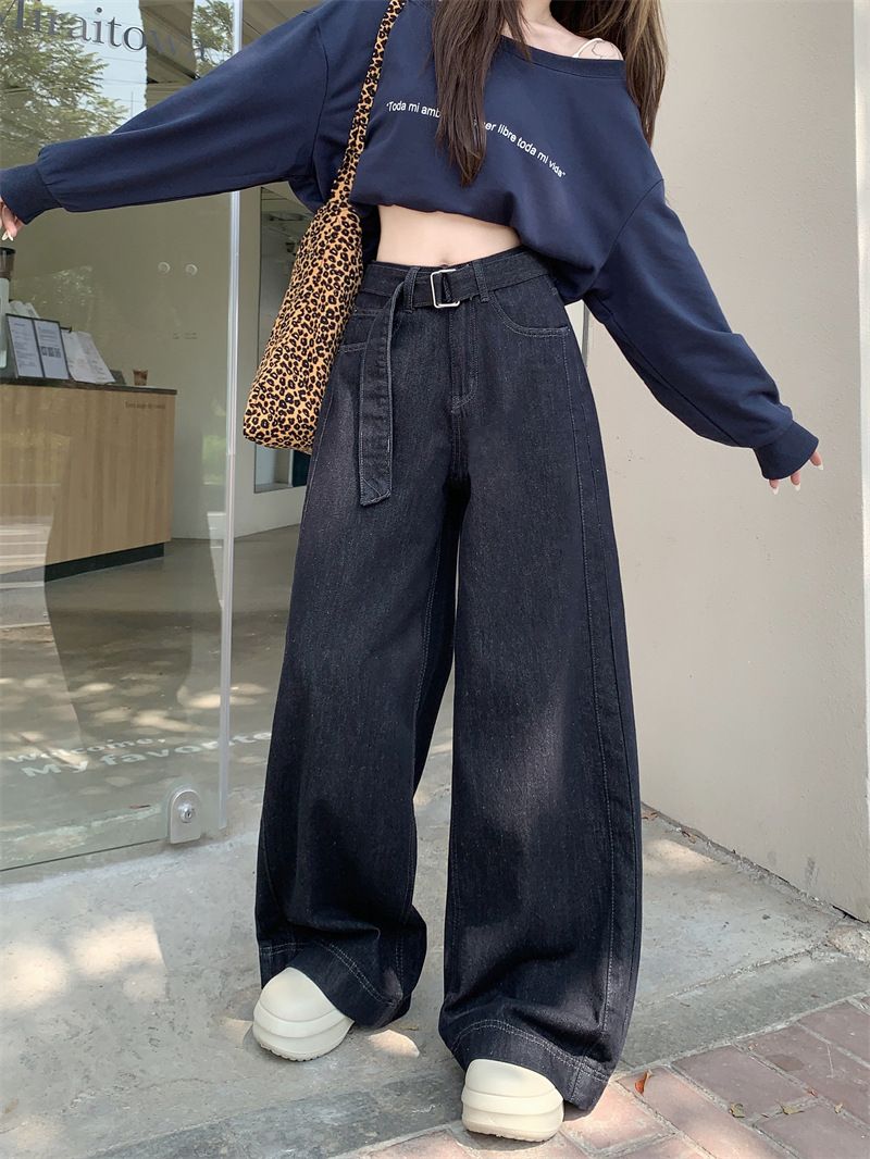 Gürtel in Originalfarbe und Plüschjeans für Damen, neue lockere, gerade, hoch taillierte, lässige Hose mit weitem Bein für Damen_voghion.com