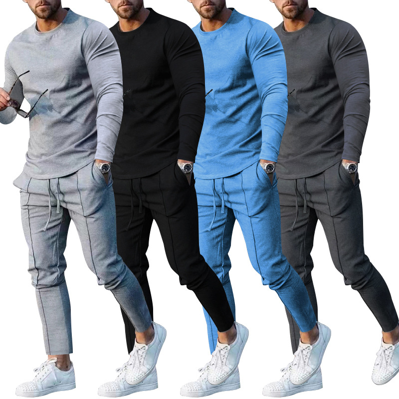 Set di abbigliamento da uomo per il tempo libero, stile primaverile e autunnale, girocollo ampio, maglietta a maniche lunghe, pantaloni lunghi, set a due pezzi, abbigliamento sportivo casual da uomo_voghion.com
