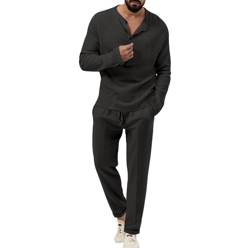 Men's solid color casual T-shirt long sleeve shirt pants suit_voghion.com