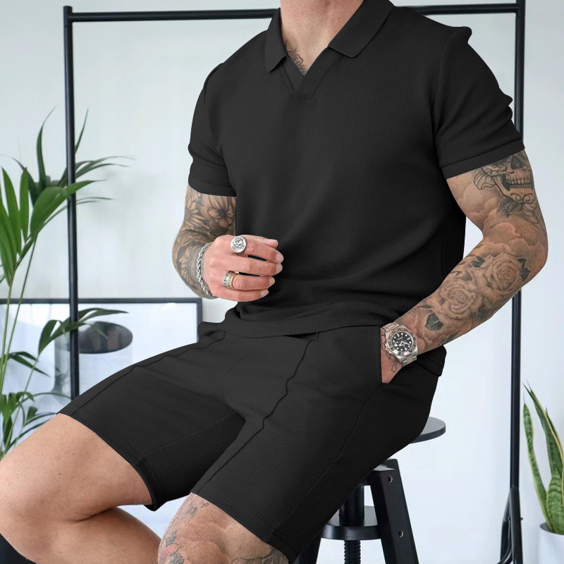 Ensemble d'été 2 pièces pour hommes, costume gaufré, couleur unie, mince, décontracté, Polo, manches courtes, ensemble Short et haut_voghion.com