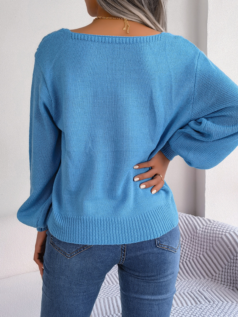 Maglione pullover casual con scollo quadrato e maniche a lanterna in maglia a trecce, moda femminile per autunno e inverno_voghion.com