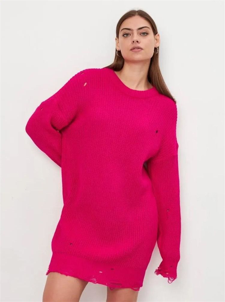 Loose solid color perforated sweater, mid to length, autumn/winter 2024 new item, round neck pullover, long sleeved_voghion.com