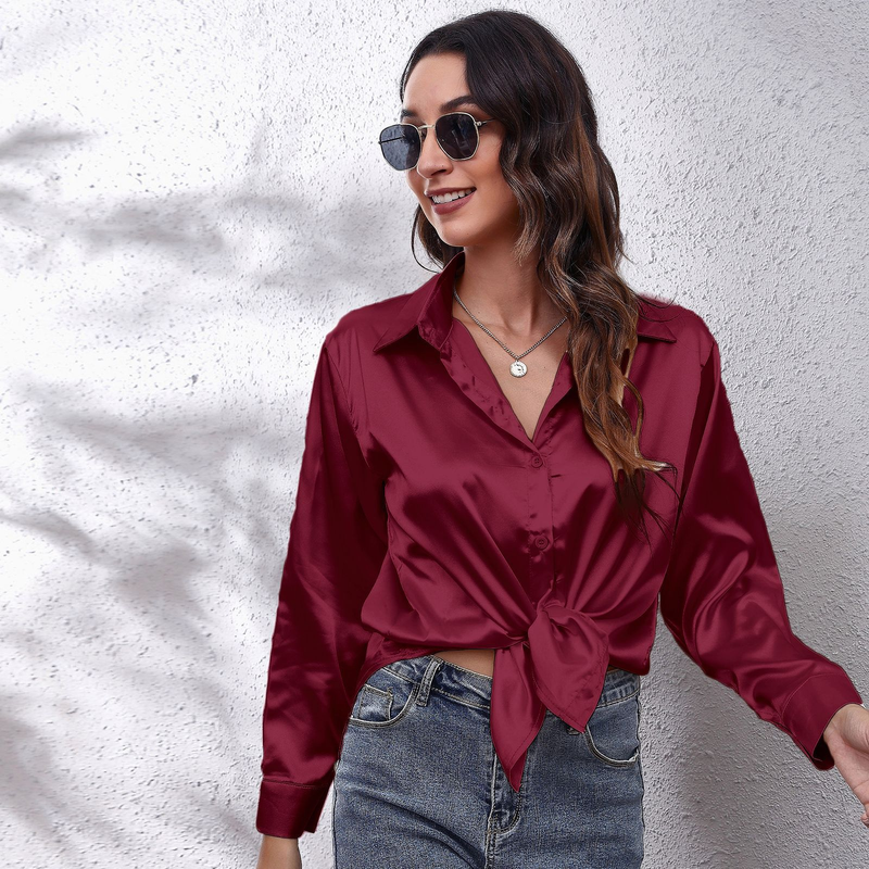 Women's clothing color D shirt satin silk imitation long sleeve shirt_voghion.com