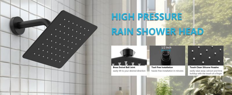 Shower Faucet With Storage Rack 8-inch Rain Shower Head Shower Decoration Kit With Single Spray Shower Head Shower Faucet Set Complete Matte Black_voghion.com