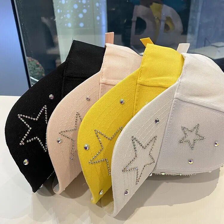 Cappello da sole da donna con stella a cinque punte intarsiata con diamanti, berretto con visiera femminile casual regolabile in cotone primaverile ed estivo_voghion.com