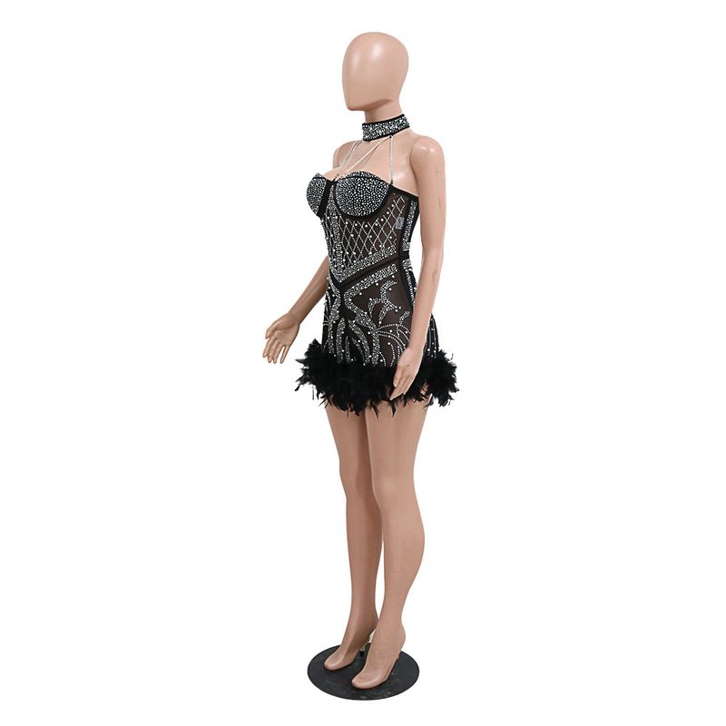 Dameskleding diamanten veren jumpsuit Europese en Amerikaanse mode sexy banketfeest supershorts voor dames_voghion.com