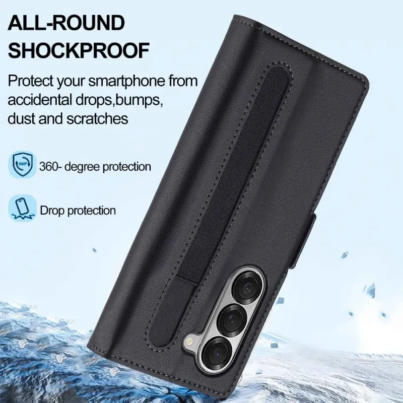 Capa de couro empresarial com suporte para caneta e compartimento para cartões para Samsung Z Fold 6, 5, 4, 3, 6, 5, 4 e 3, 5G_voghion.com