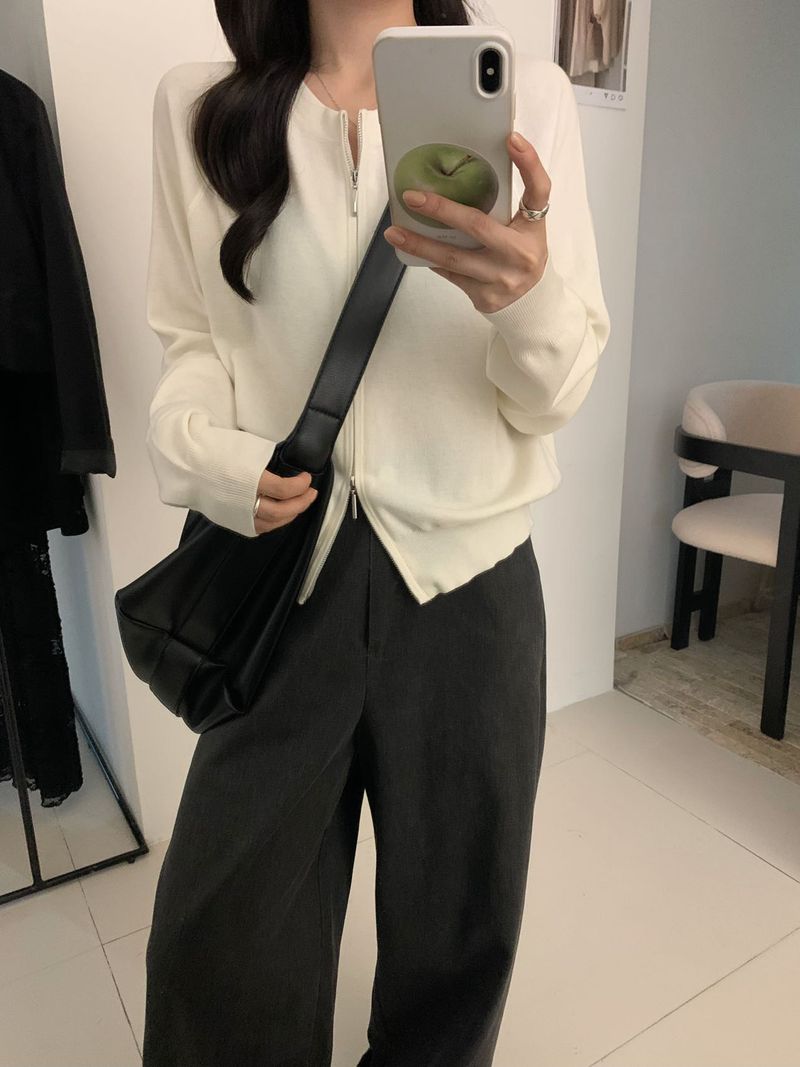 Women's Oversized Zip-Up Knit Cardigan With Dual Zippers - Soft Long Sleeve Casual Sweater For Everyday Comfort_voghion.com