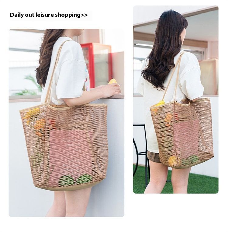 New Folding Beach Bag Mesh Handbag Women's Shoulder Bag Shopping Bag Summer Outdoor Travel Bag_voghion.com