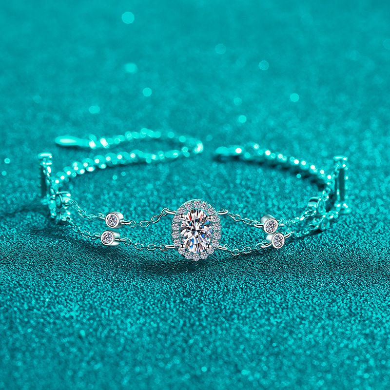 New Deyi Pure Silver Plating PT950 Gold Blue Elliptical Bag Double Chain Mosang Stone Bracelet Personalized Trend_voghion.com