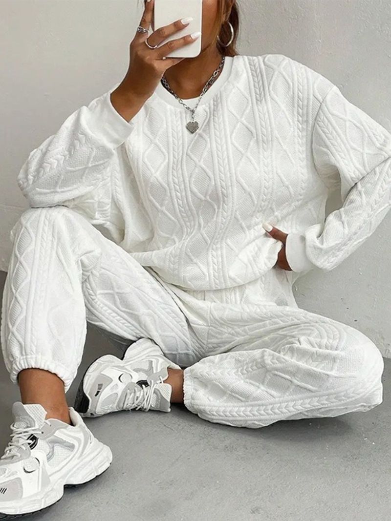 Conjuntos de duas peças femininos, conjunto de calças combinando, gola redonda, manga comprida, tops, calças compridas, elegante, cós elástico, casual 2025_voghion.com