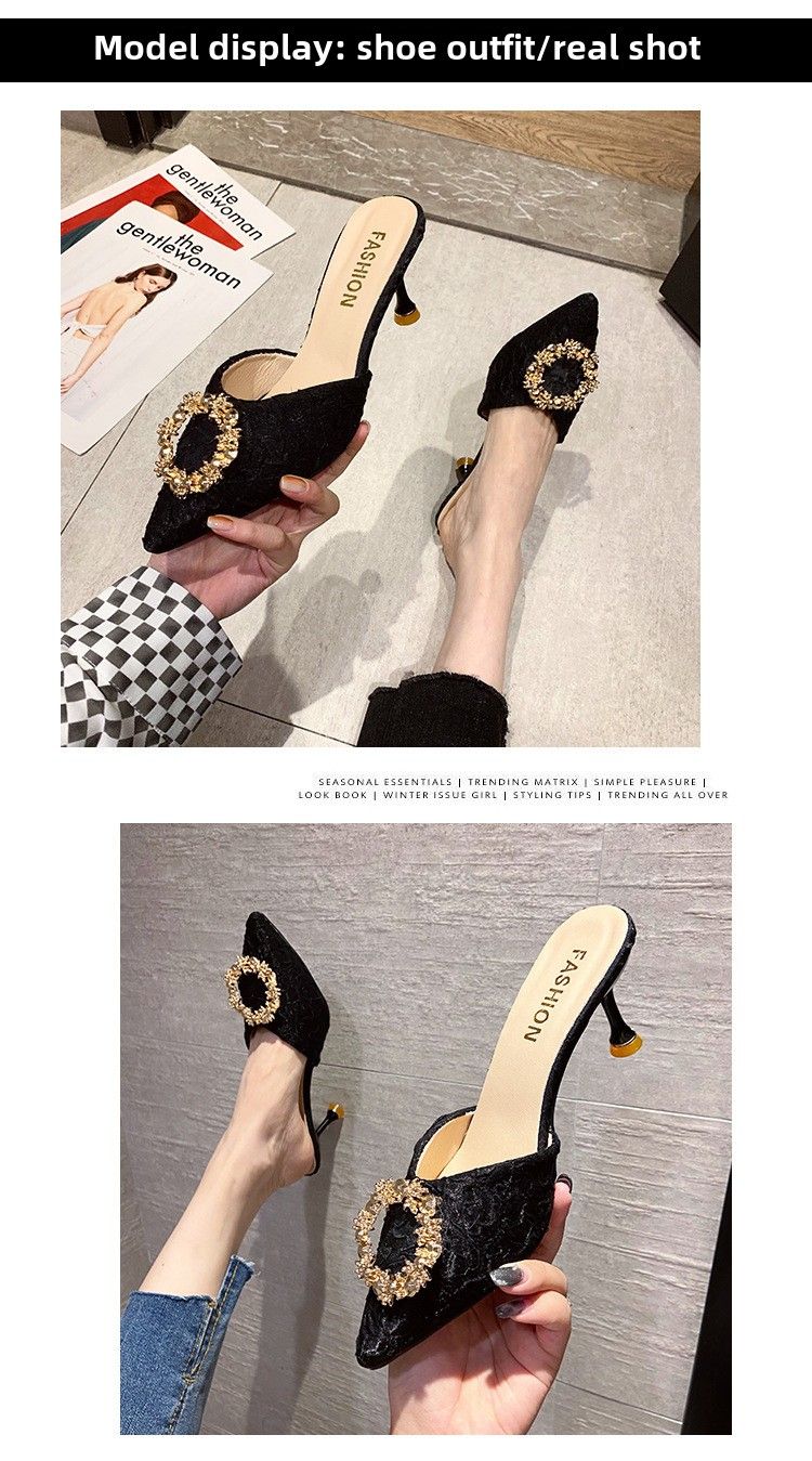 Hjemmesko dame sommertøj halve hjemmesko dame nye franske rhinsten høje hæle stiletto sandaler sort_voghion.com