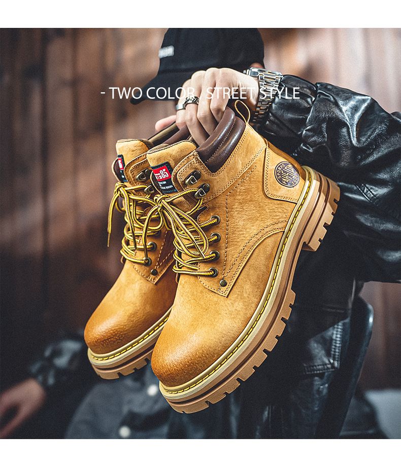 Men's Shoes First Layer Martin Boots Men's Retro Style Yellow Boots Autumn Outdoor Hiking Shoes High Top Work Boots_voghion.com