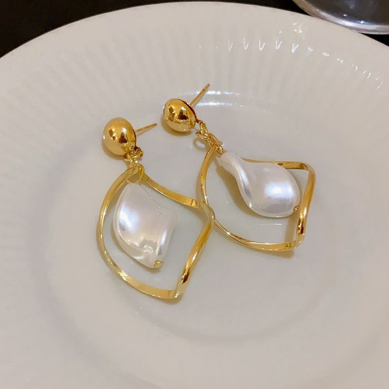 Silver needle pleated flower pearl heart French geometric earrings, niche commuting new and earrings_voghion.com