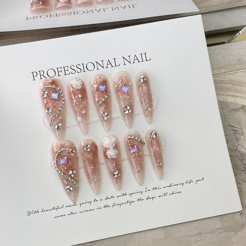 10 pezzi unghie fatte a mano set stampa su unghie finte lunghe di mandorla con strass rosa camelia design riutilizzabile completo Co Lg Almd Rhineste_voghion.com