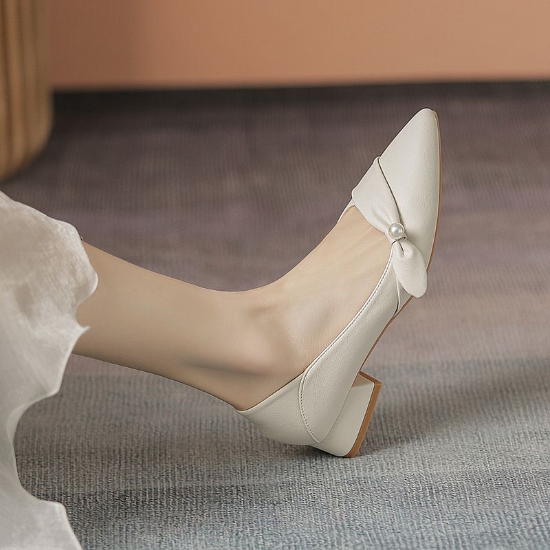 Genuine Leather Pointed Toe Flat For Women 2025 New Versatile Elegant Chunky Low Heel French Design Niche Women's Shoes_voghion.com