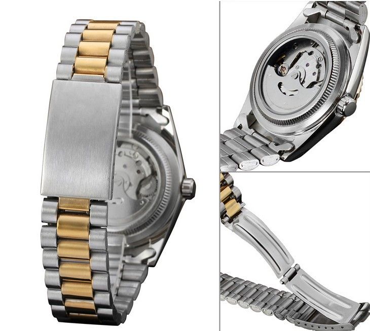 men's gold steel band business watch rhinbit band calendar through the bottom automatic manual mechanical watch_voghion.com