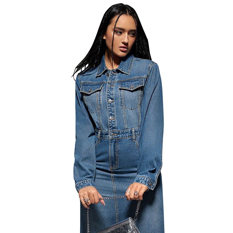 Abito lungo casual da donna in denim rilassato con bottoni sul davanti e spacchi laterali (S-2XL)_voghion.com