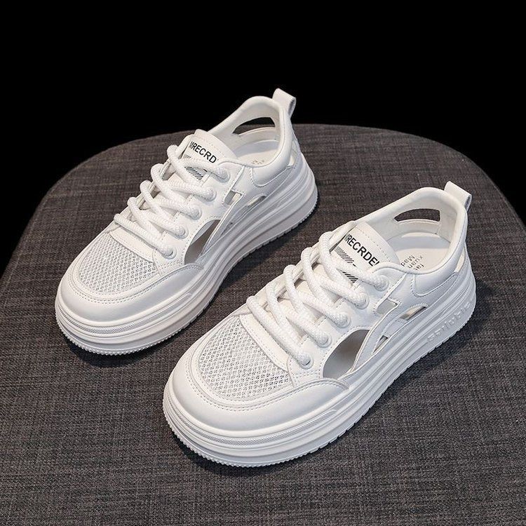 Thick-soled Hollow White Shoes Women's Lace-up Breathable Sports Sandals Versatile Casual Hole Shoes_voghion.com