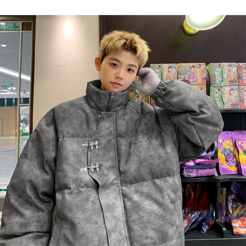 Hue Hue PU Leather For Men Winter Metal Airplane Buckle American Style Coat Thickened Warm Loose Puffer Cotton Padded Jacket_voghion.com