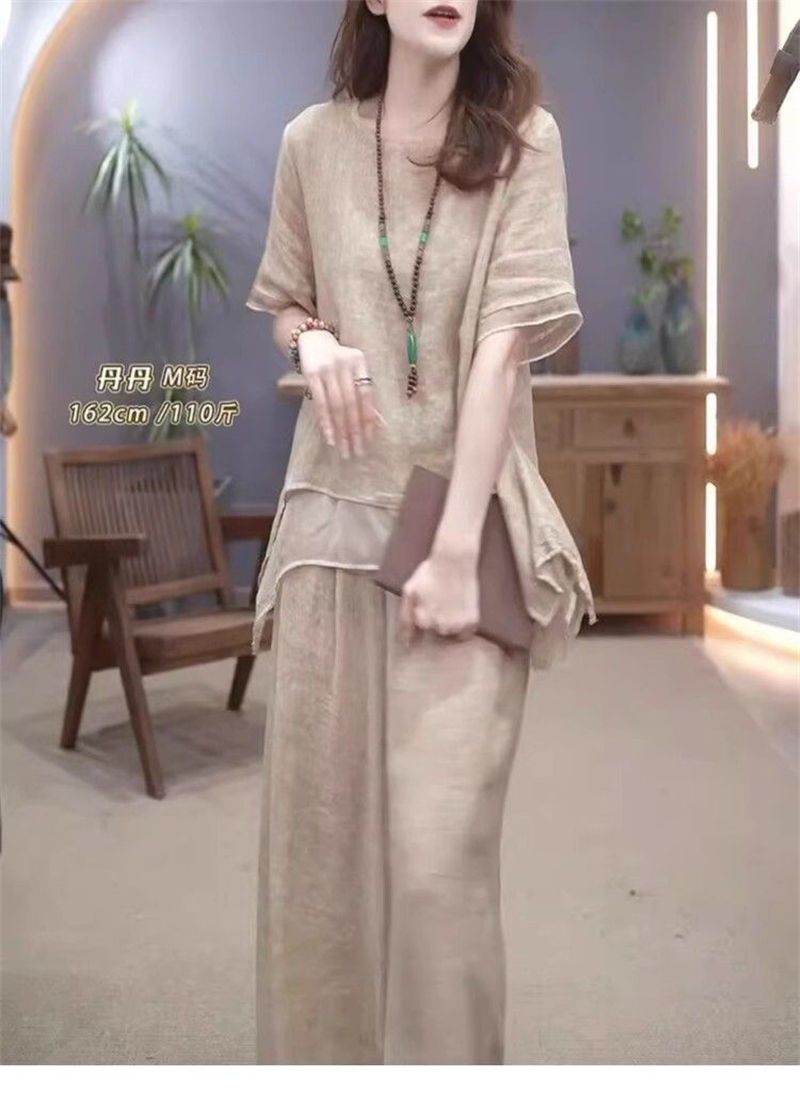 Ensemble deux pièces élégant en coton et lin pour femme, style ethnique, ample et amincissant, couvrant le ventre, été 2024_voghion.com