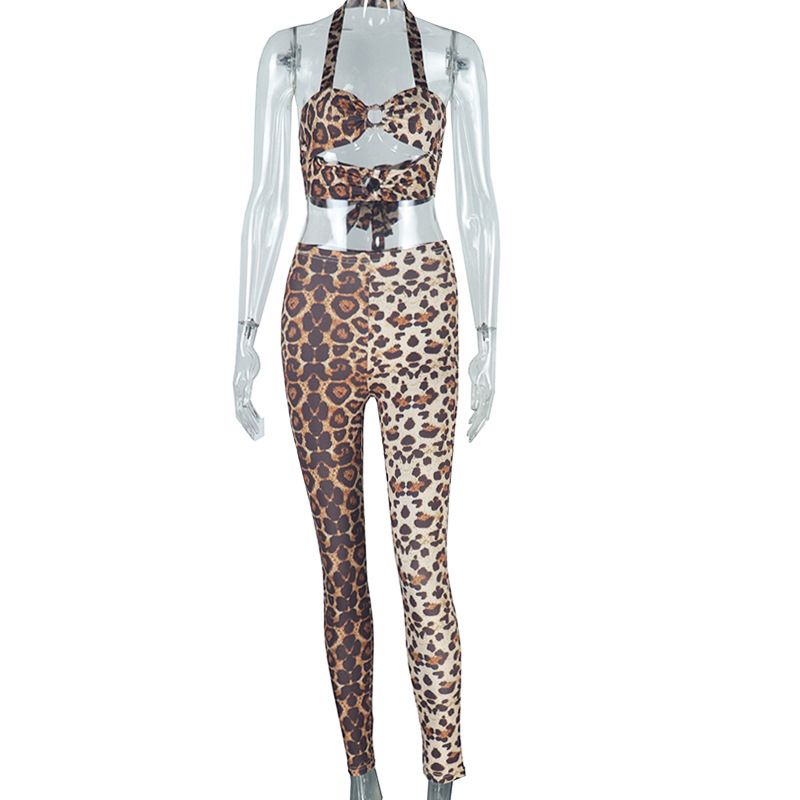 Trendy Ins Style Women's Fashion Leopard Print Sexy Strapless Backless Camisole Long Pants Two-Piece Set_voghion.com