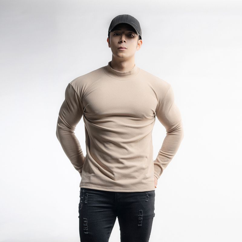 Thermo-Langarm-T-Shirt für Herren zum Laufen und fürs Fitnessstudio – atmungsaktives doppellagiges Fleece, Rundhalsausschnitt und hoher Kragen, einfarbig (Schwarz/Weiß/Grau/Khaki)_voghion.com