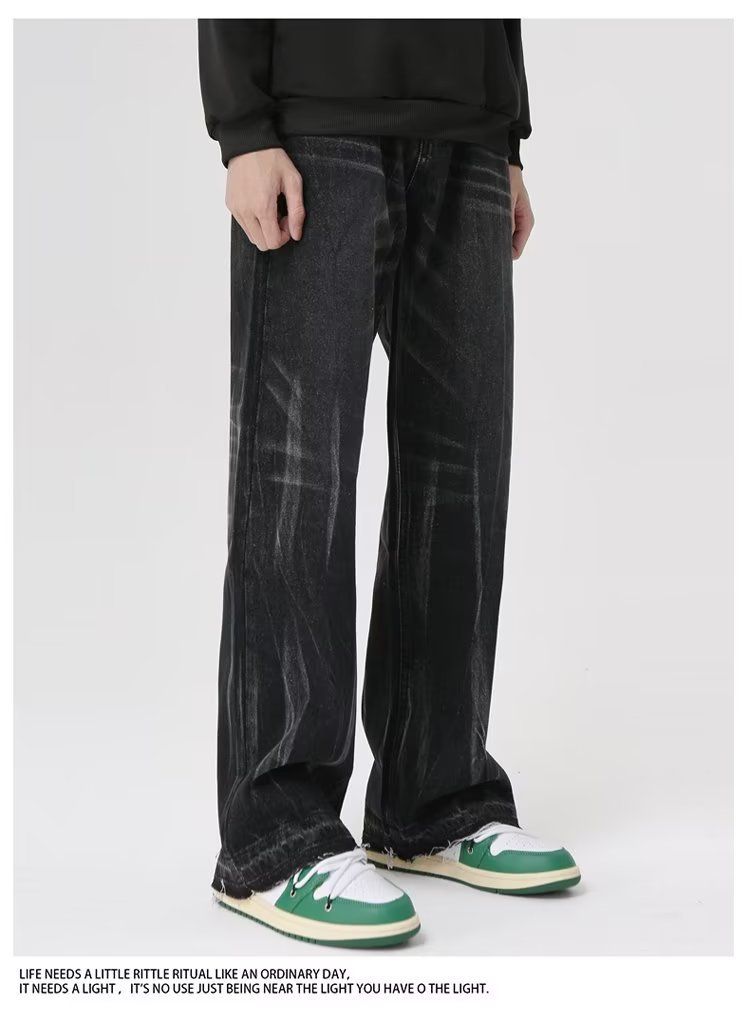 Schwarze verwaschene Distressed-Jeans für Herren, amerikanische gerade, stapelbare Vibe-Freizeithose mit Farbverlauf_voghion.com