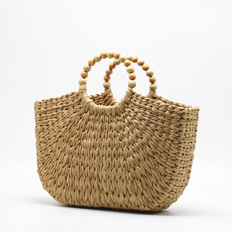 2024 Craft New Wooden Pearl Moon Borsa grande da donna in tessuto di erba da spiaggia di cammello, portatile_voghion.com