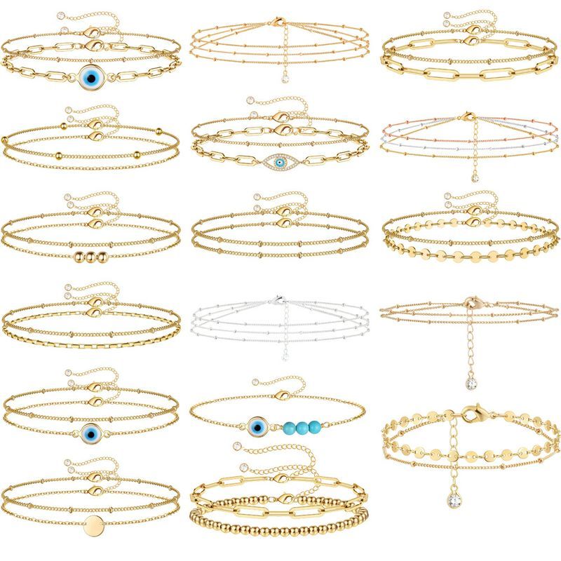 Schlichtes Kettenarmband für Damen, modischer Mix-and-Match-Schmuck aus doppellagiger Legierung, süßes Fußkettchen mit bösem Blick_voghion.com