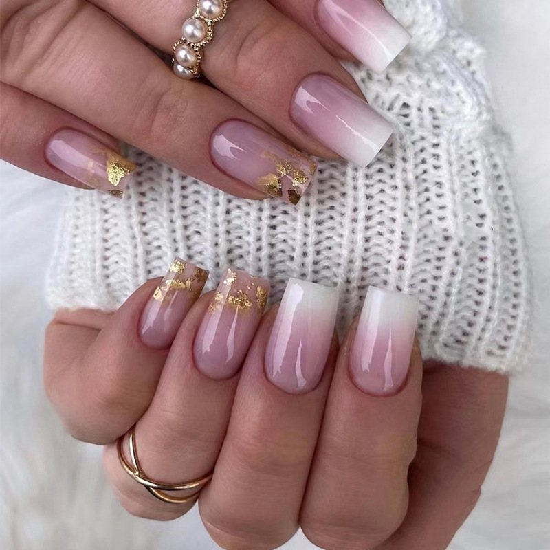 Faux ongles à tête carrée, 24 pièces, avec feuille d'or, mi-longs, cercueil français, couverture complète_voghion.com