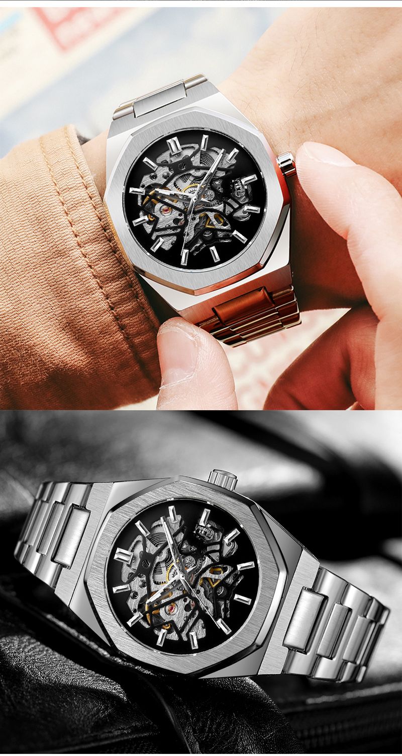 Forsining 344D Orologi meccanici automatici alla moda per uomo con cinturino in acciaio trasparente e scheletro, orologio da polso da uomo luminoso e impermeabile_voghion.com