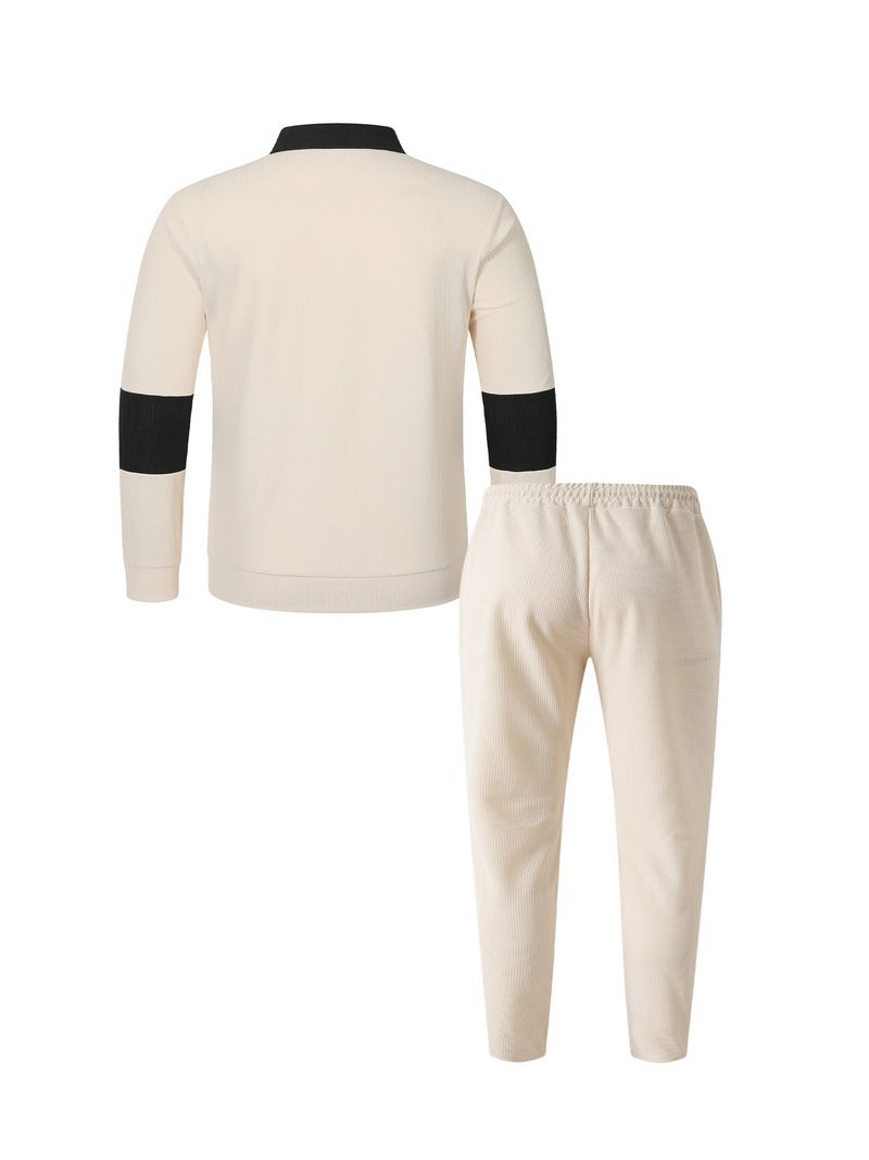 Men's Clothing Men's Waffle Knit Long Sleeve T-Shirt & Pants Lounge Set – Stylish Two-Piece Outfit In Black, Grey, Khaki, Dark Green, Wine Red_voghion.com