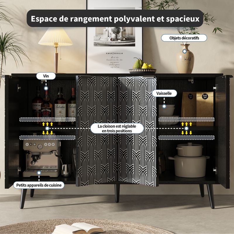 Esszimmerschrank Schwarz 120x78cm Mit Fischgrätenmuster, Geschnitzte Tür_voghion.com