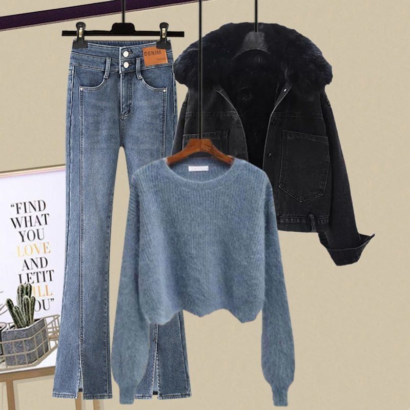 Damkläder Plus Size Dam höst- och vinterkostymer 2024 Nya förtjockade kappor Kvinnors mångsidiga stickade tröjor Jeans Tredelade kostymer_voghion.com