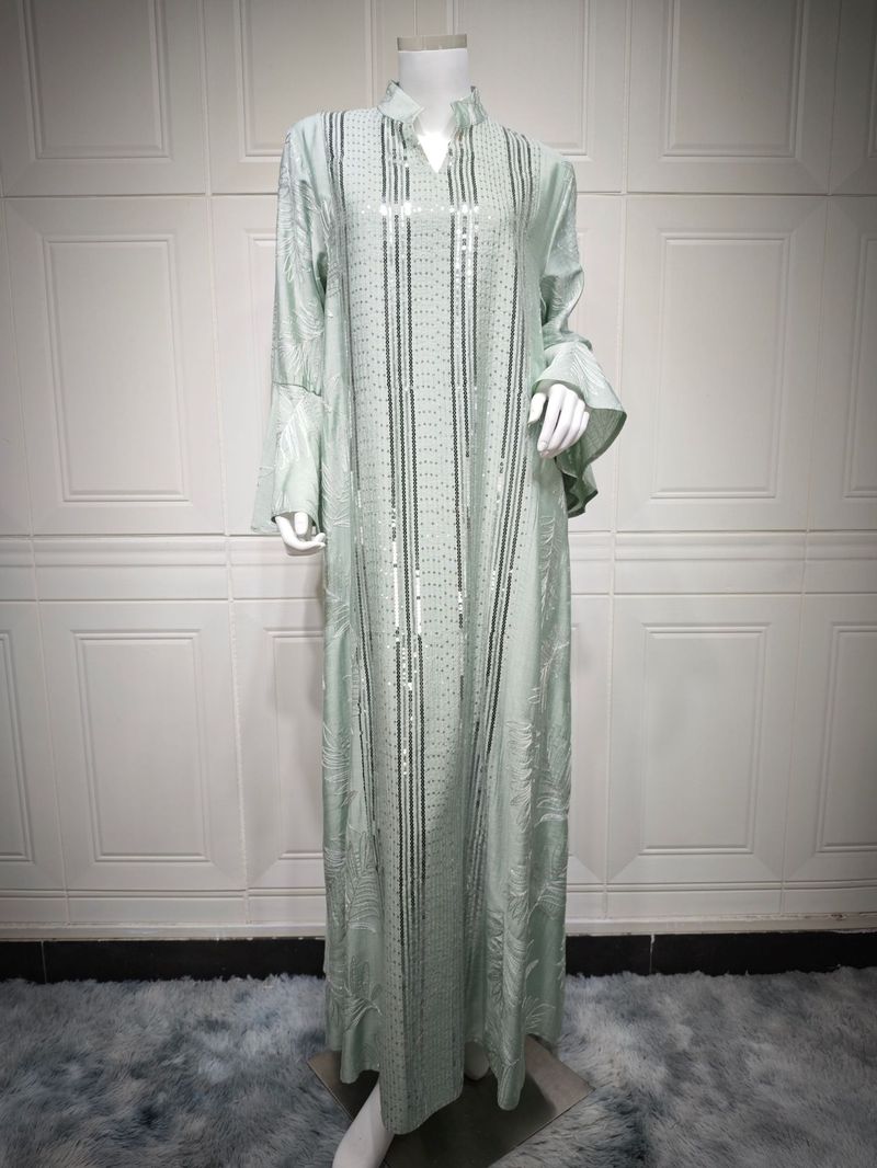 Elegant Embroidered Abaya Dress – Flowy Maxi Kaftan With Flounce Sleeves (Light Green/Yellow/Pink, S-XXL)_voghion.com