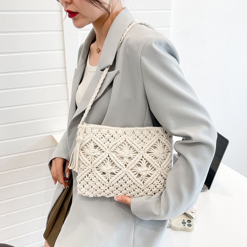 Borsa a tracolla da spiaggia in paglia estiva da donna, con motivo traforato, alla moda, con nappa, stile designer, da viaggio, bolsa feminina_voghion.com
