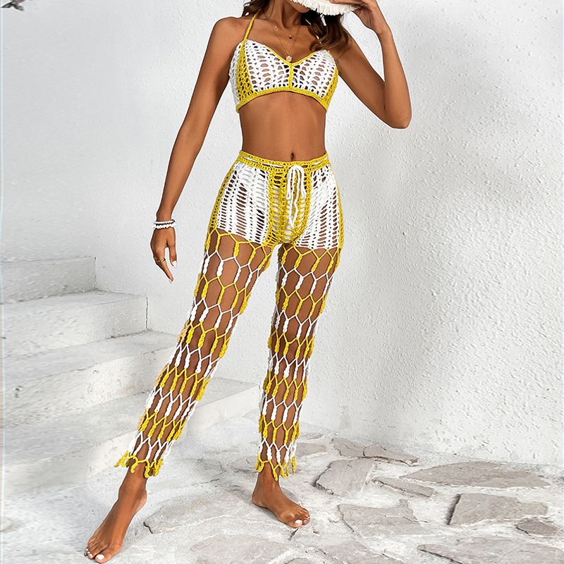 Women's Beach Pants Top Set Mesh Beach Pants Middle Color Hollow Hand Crochet Flower_voghion.com