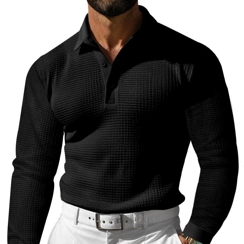 Herren-Poloshirt mit Waffelstrick und langen Ärmeln und Button-Down-Kragen – bequemes und stylisches Freizeit-T-Shirt für den Alltag_voghion.com