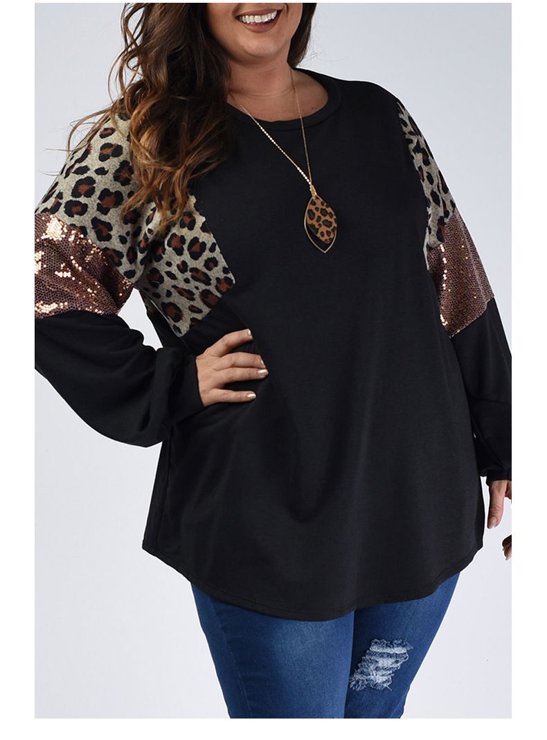 Shiying Fashion plus size women's outerwear leopard print pullover spring, loose sequined patchwork long sleeved t-shirt_voghion.com