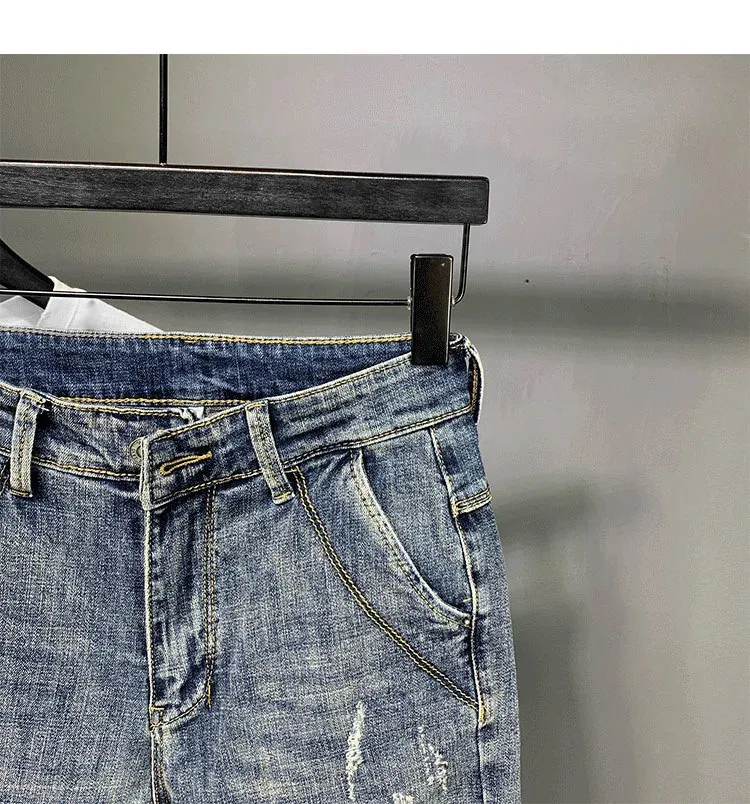 Trendy Herren Jeans, Slim Fit, Zerrissen, 9 Punkte, Elastische Jogger, Sommer, Casual Style, Kleiner Fuß, Bleistifthose Für Männer_voghion.com