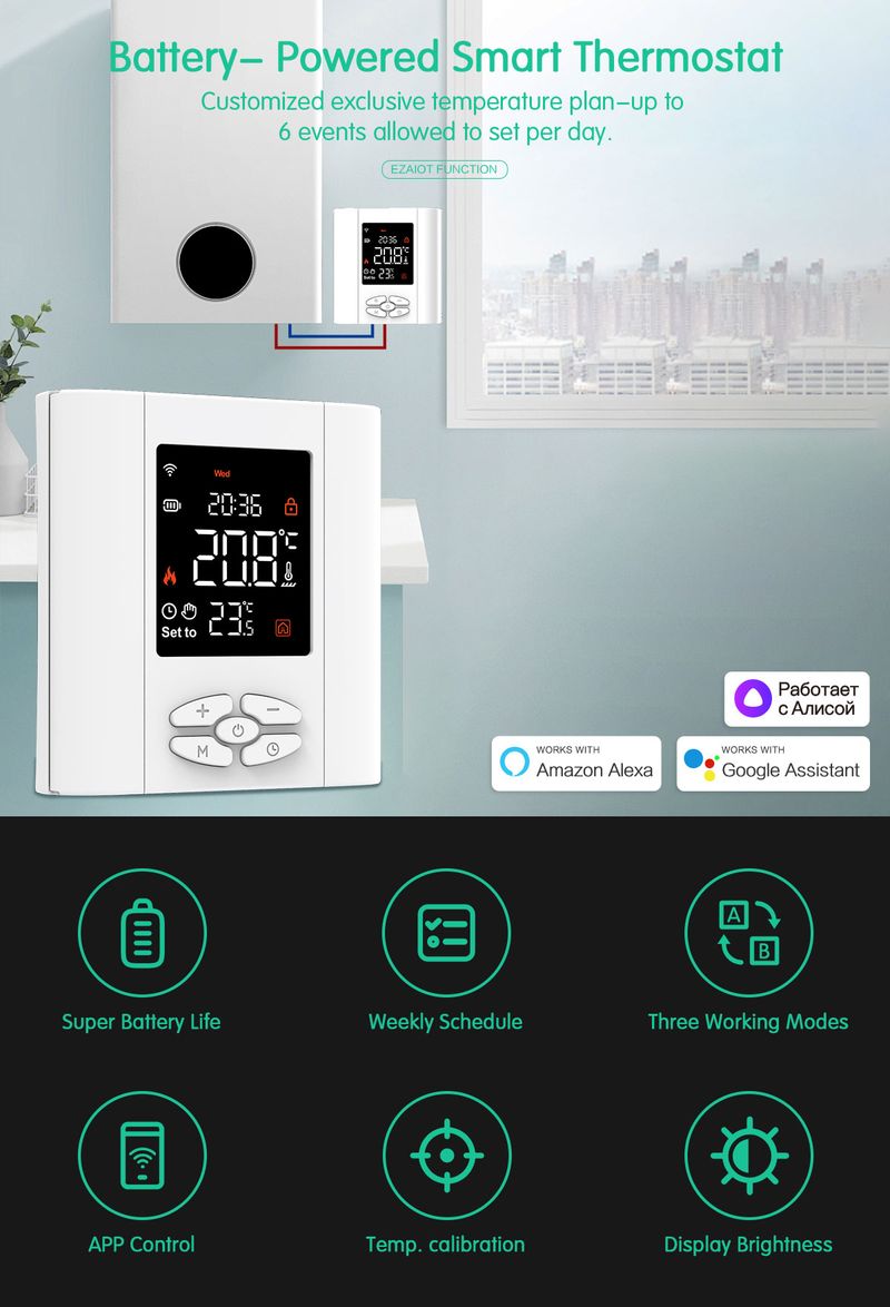 WiFi Heizthermostat Tuya Smart Temperaturregler Low Power Batterie Fir Gas Boiler funktionnéiert mat Alexa Google Home_voghion.com