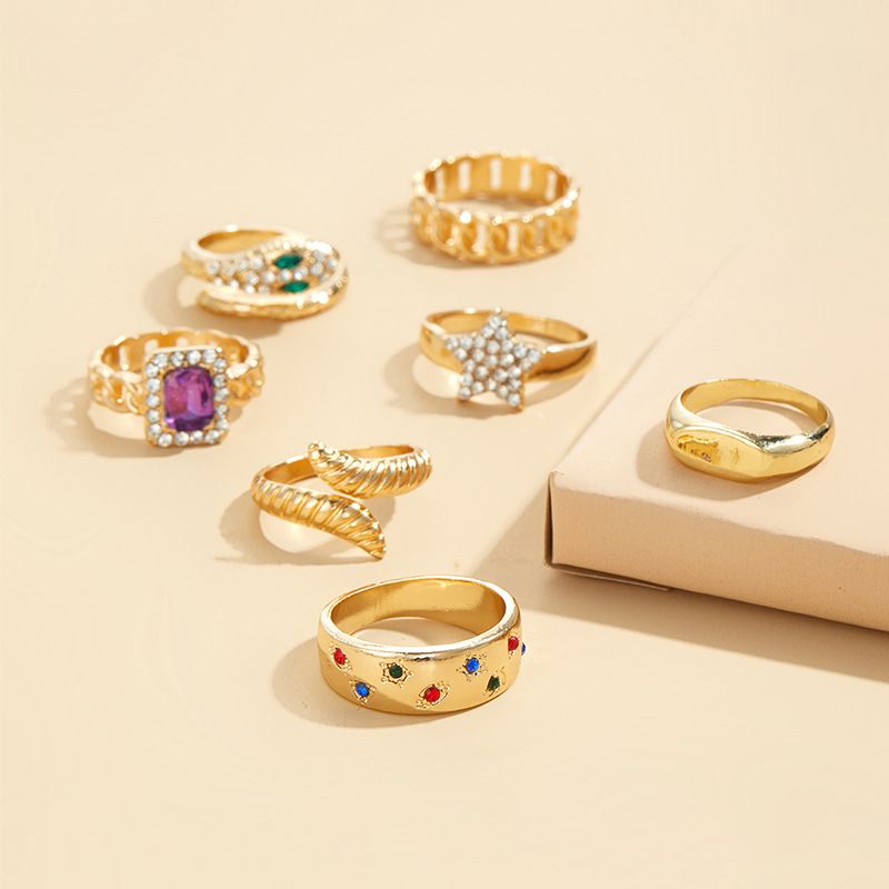 Unique Alloy 7-Piece Star Niche Layered Wear Set Metal Exaggerated Open Ring For Women_voghion.com