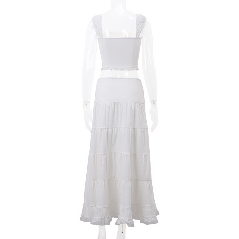 nuovo top con bretelle e scollo quadrato francese da donna con gonna in pizzo patchwork stile festa vestito per donna_voghion.com