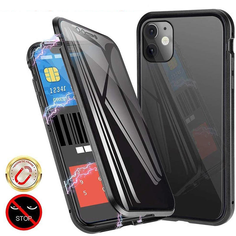 Funda magnética de privacidad para iPhone 14 13 12 11 Pro Max 12Mini 13Mini X XR Cubierta de metal de vidrio templado anti-mirones de doble cara para iPhone 8 7 Plus SE2_voghion.com