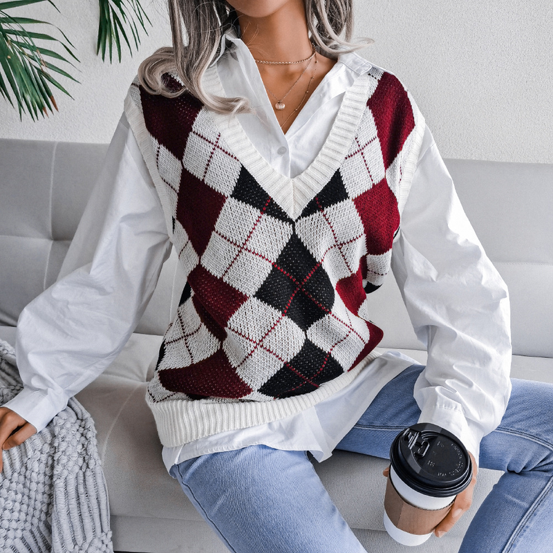 Vêtements pour femmes automne et hiver style collégial losange col en v décontracté gilet tricoté ample pull vêtements pour femmes_voghion.com