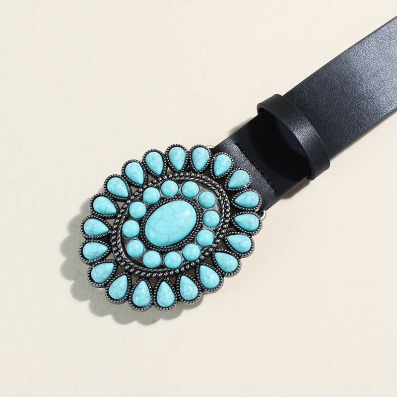 Wide Leather Belt For Women Retro Palace Style Sapphire Inlaid Oval Western Buckle Ladies Black Pants Belt_voghion.com
