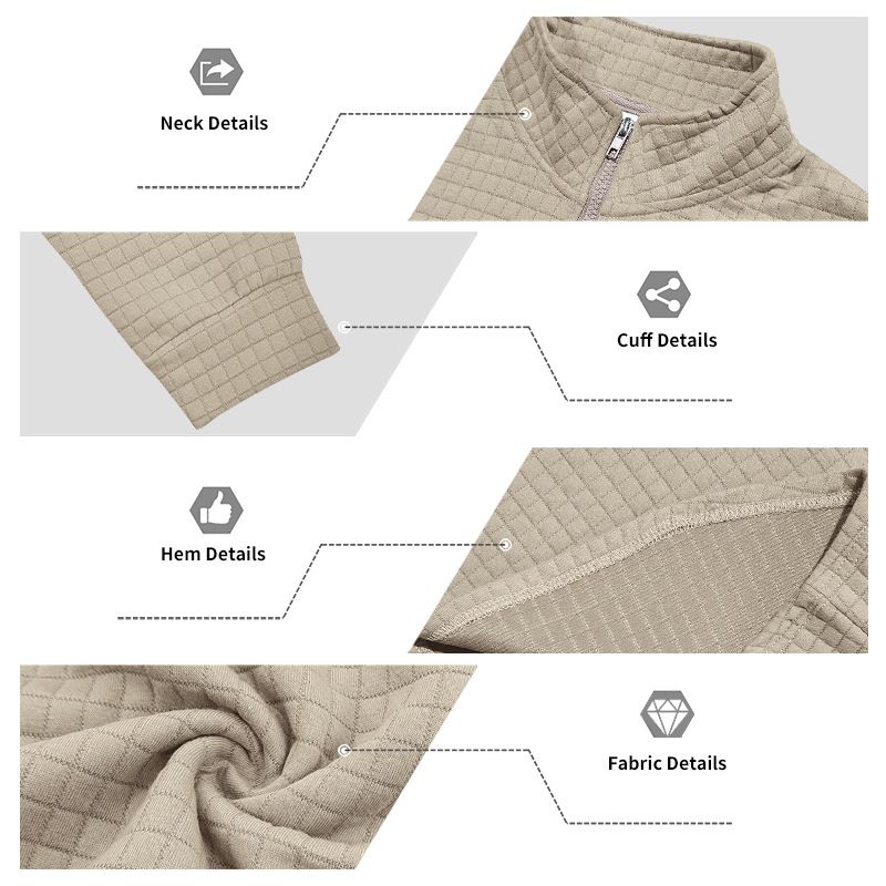 Roupas masculinas com gola alta e zíper, moletom com estampa xadrez pequena, poliéster respirável, leve, confortável, casual, esportivo_voghion.com